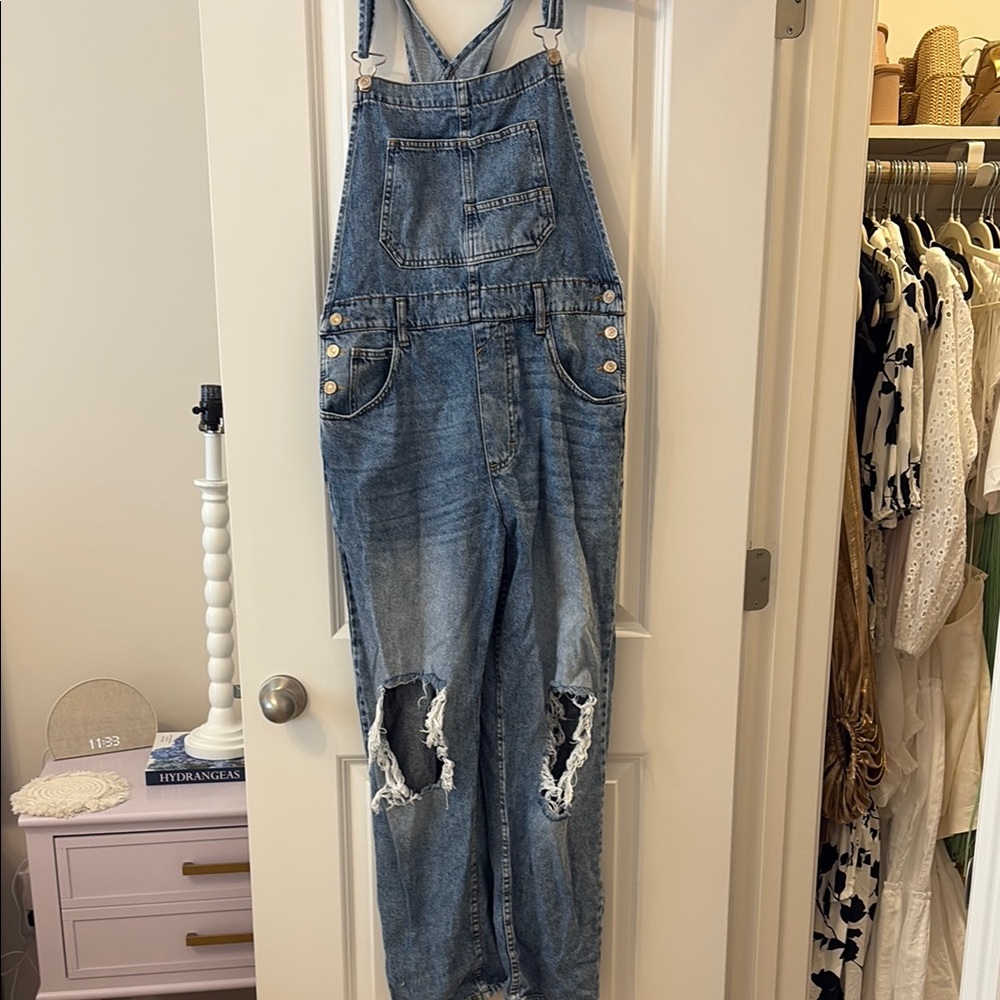 Free people Ziggy Blue Denim Overalls with Distressed Details